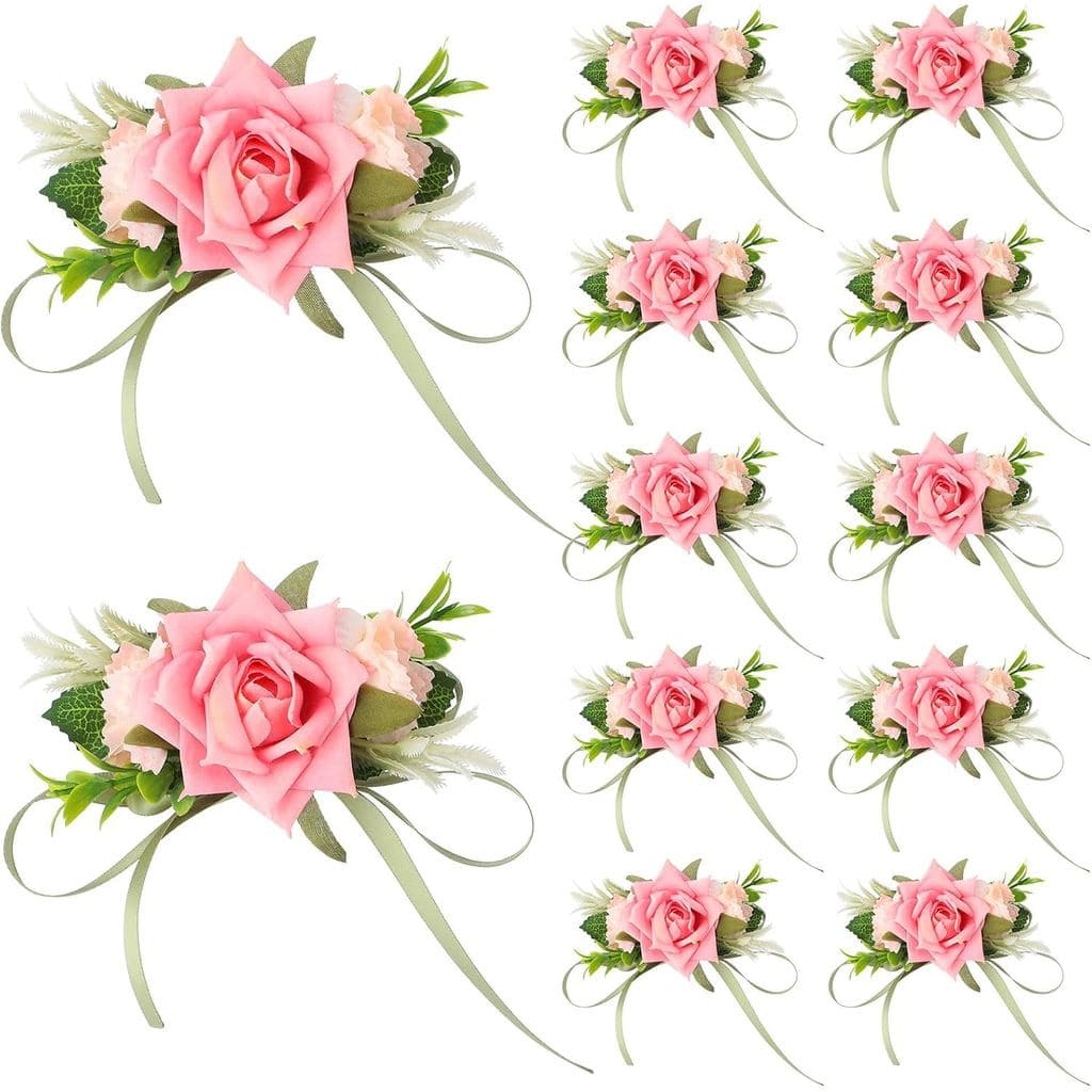 Jexine 12 Peças de Corsages de Pulso Rosa para Baile de Formatura, Noivas, Flores de Mão, Pulseira de Rosa Rosa, Corsage