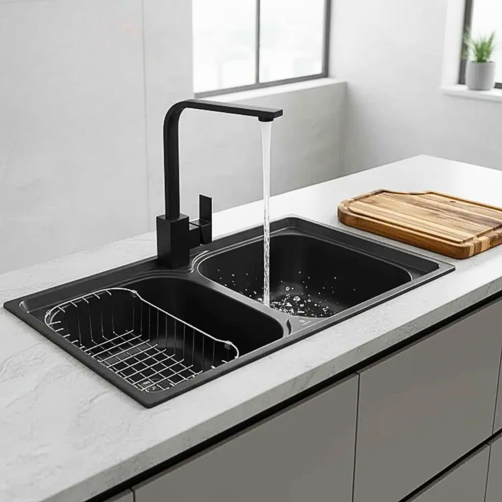 CUBA DUPLA EM INOX ESCOVADO PRETO COM TORNEIRA BLACK E TÁBUA