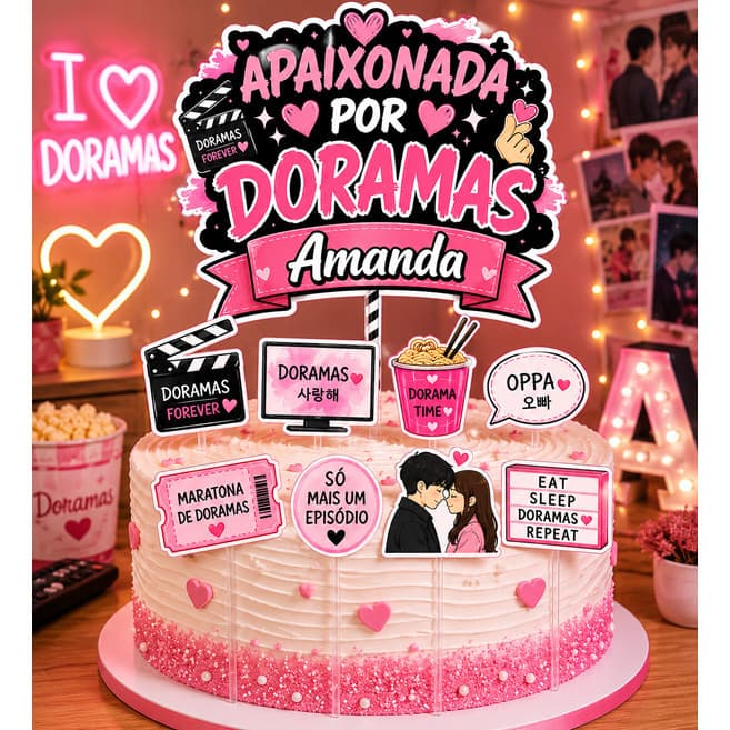Topo de Bolo Topper Apaixonada por Doramas Personalizado com nome e idade