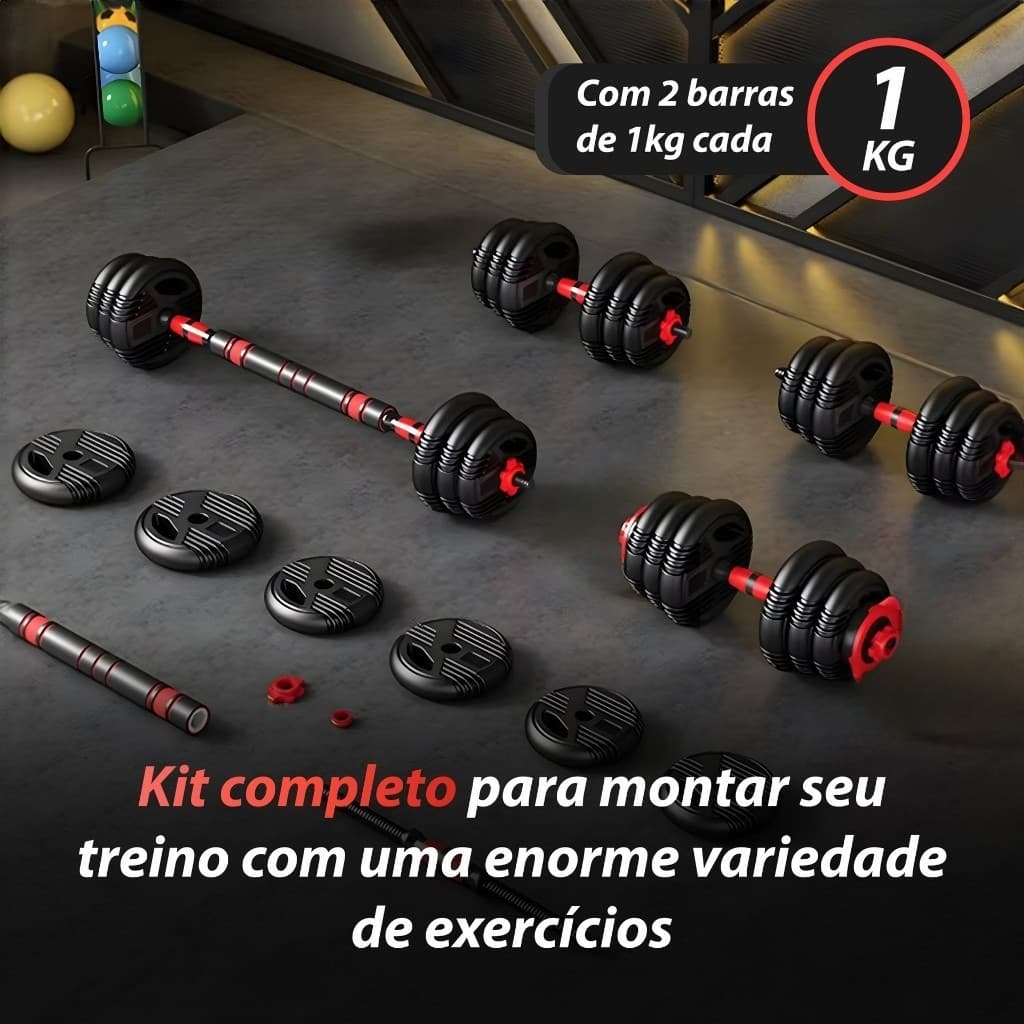 Conjunto de barra e kettlebell vermelha, 30 kg, ideal para treinamento de força e exercícios em casa.