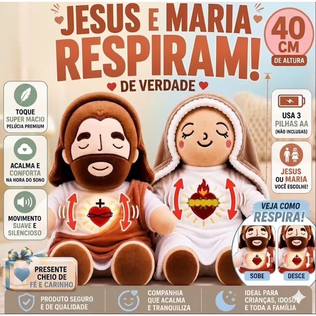 Boneco Jesus ou Boneca Virgem Maria 40 cm respira de verdade acalma seu filho tira o medo do escuro sono tranquilo