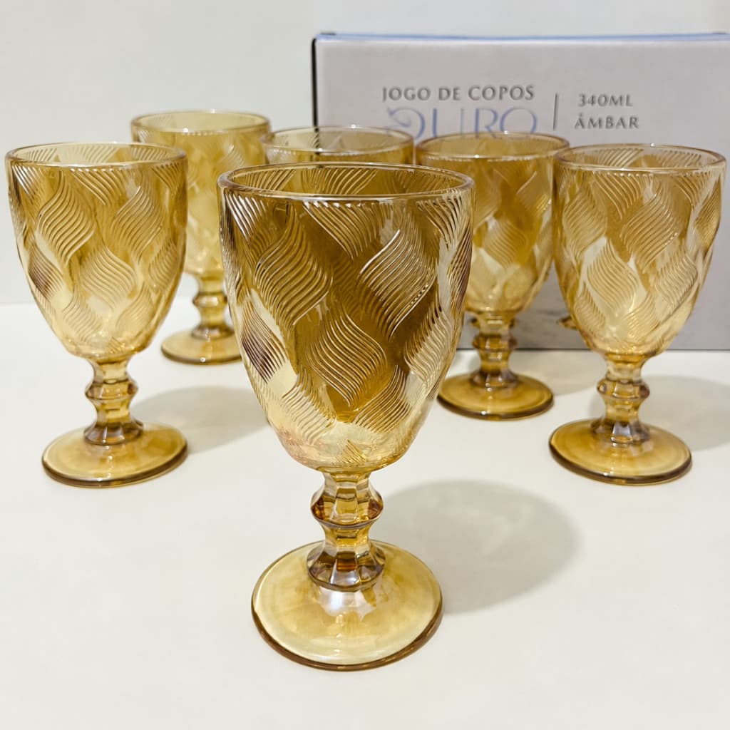 Jogo 06 Taças Dourada Ambar Vidro 340ml Diamond Lapidado Conjunto Taça Gold Moderna Elegante
