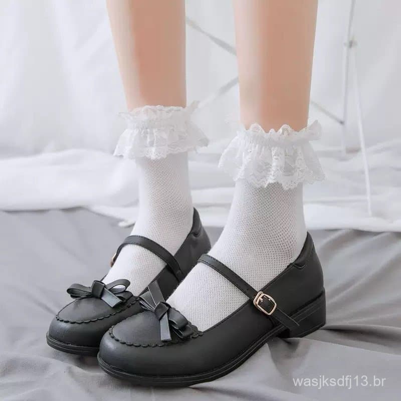 Meia mary jane com babado de arrastão branco acessório lorita yh7007 saara、