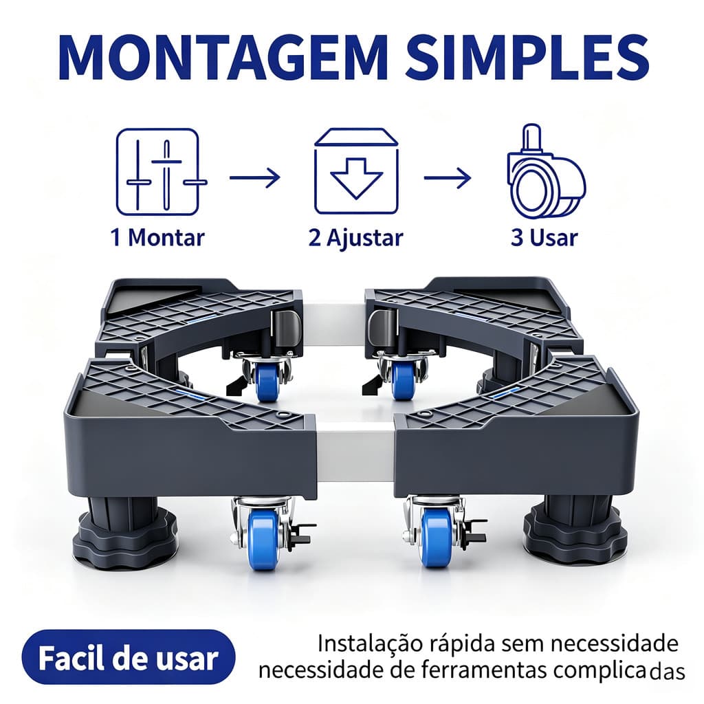 Carrinho Regulável 4 Pés 4 Rodízios Tubo Inox Compatível Geladeira Lavadora Fogão Reduz Vibração e Mofo no Piso