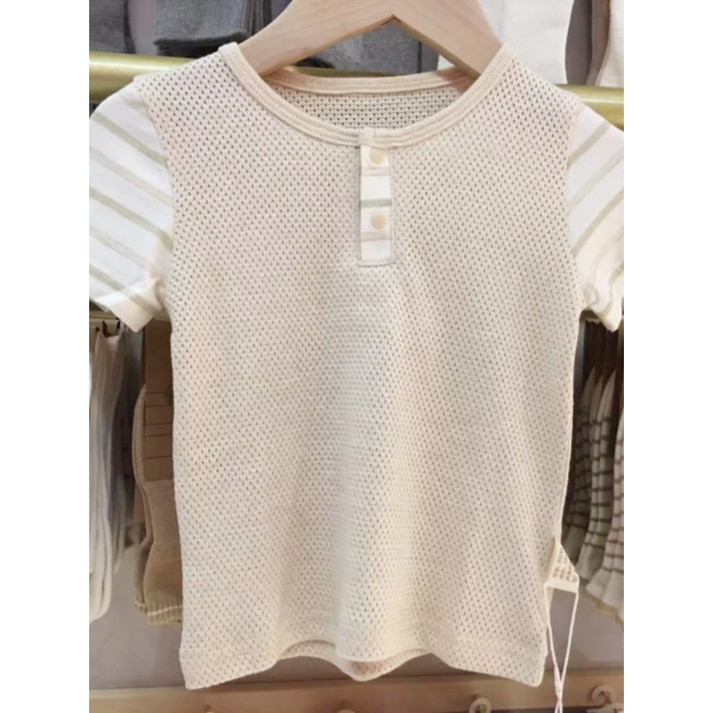 Camiseta de algodão puro orgânico liso meninos meninas em torno do pescoço malha respirável verão novo estilo pequeno bu