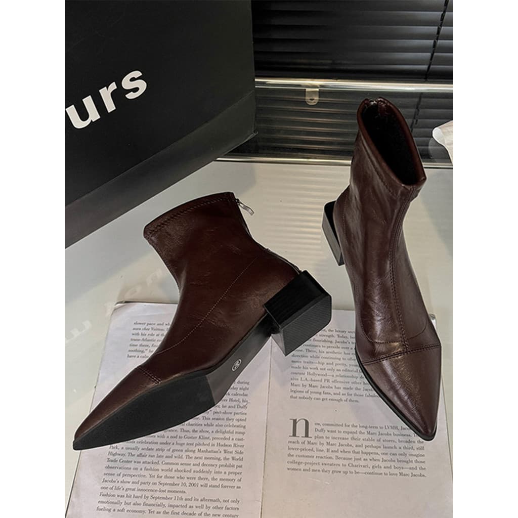 Xiaoluo dedo do pé apontado botas curtas femininas 2025 outono inverno botas de salto grosso tubo curto botas femininas