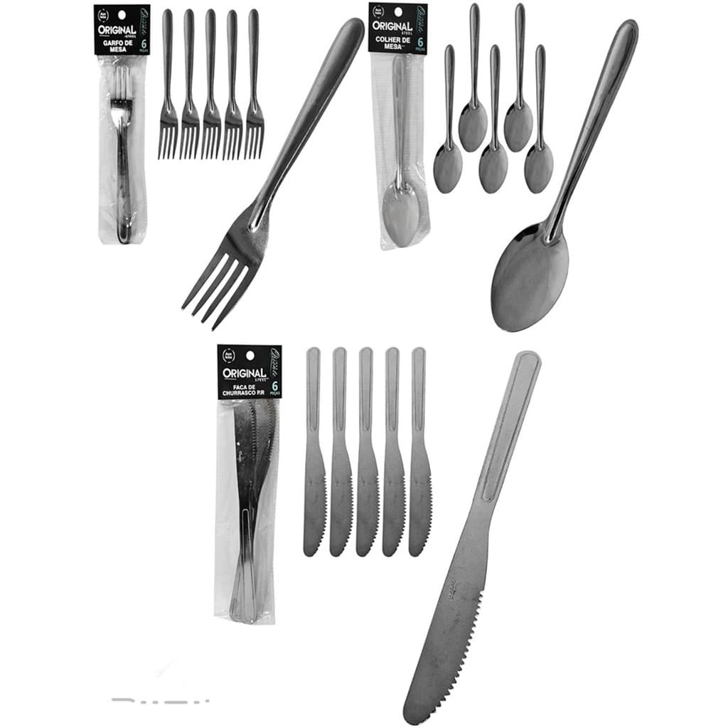 KIT TALHERES COZINHA 6 FACAS 6 GARFOS 6 COLHERES AÇO INOX