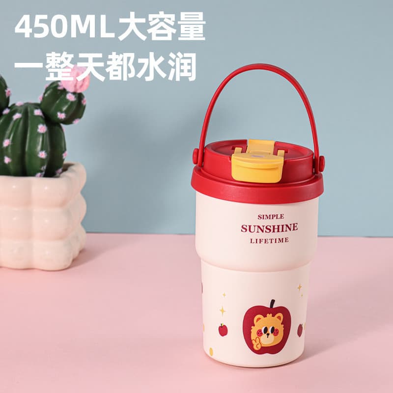 Copo térmico duplo para beber, desenho animado, 450ml, copo de palha de aço inoxidável, portátil, portátil, copo de café