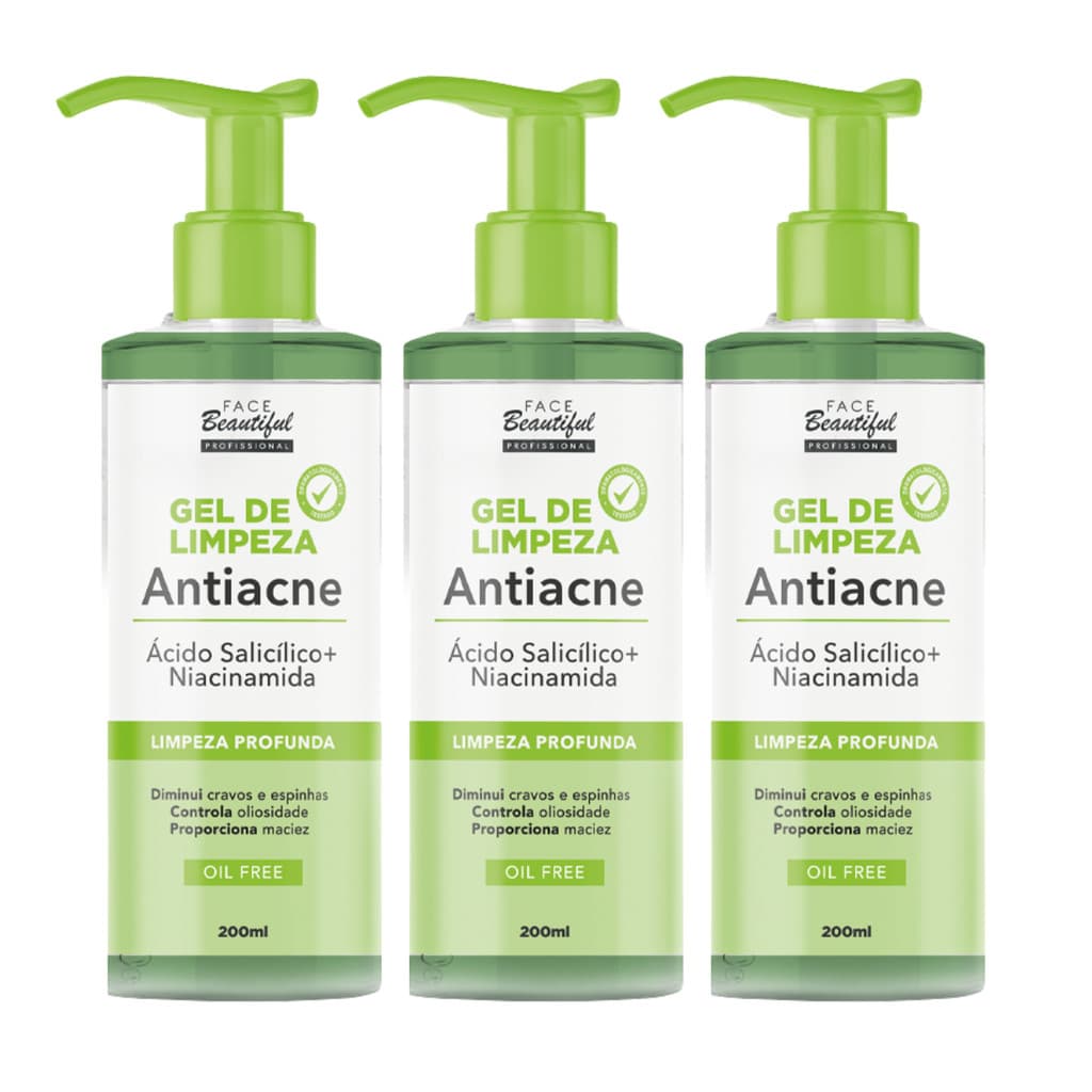Kit 3 Gel De Limpeza Facial Antiacne Antioleosidade Limpeza Cravos e Espinhas Face Beautiful