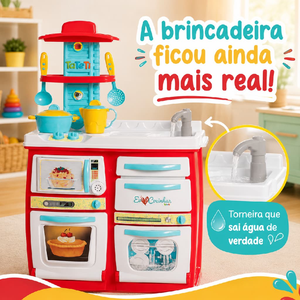 Cozinha Infantil Buona Completa Tateti com Torneira Micro-ondas com Som Forno e Acessórios +3 Anos
