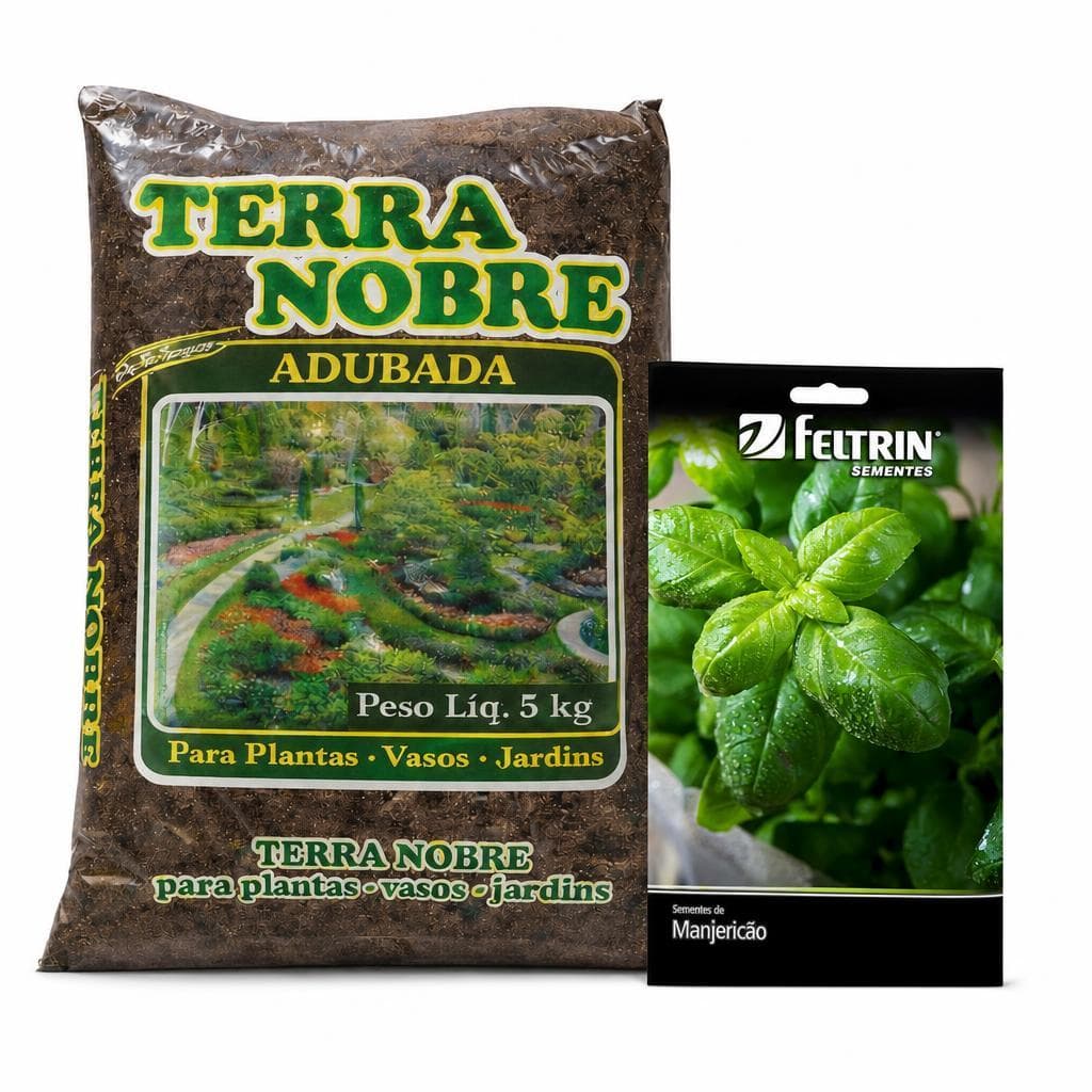Kit Horta Fácil Em Casa: Terra Adubada 5kg + Sementes Manjericão Fresco - Plante & Colha!