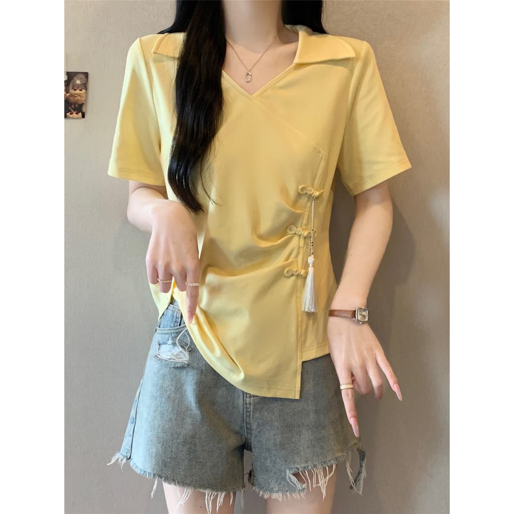 Novo estilo novo estilo chinês Design sentir com decote em V manga curta camiseta feminina verão Plus Size roupas femini
