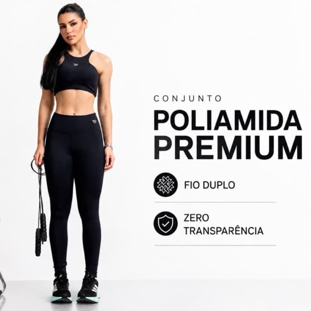 Conjunto Fitness Preto Poliamida Premium 290g Fio Duplo Zero Transparência Top c/ Bojo + Legging Academia Treino