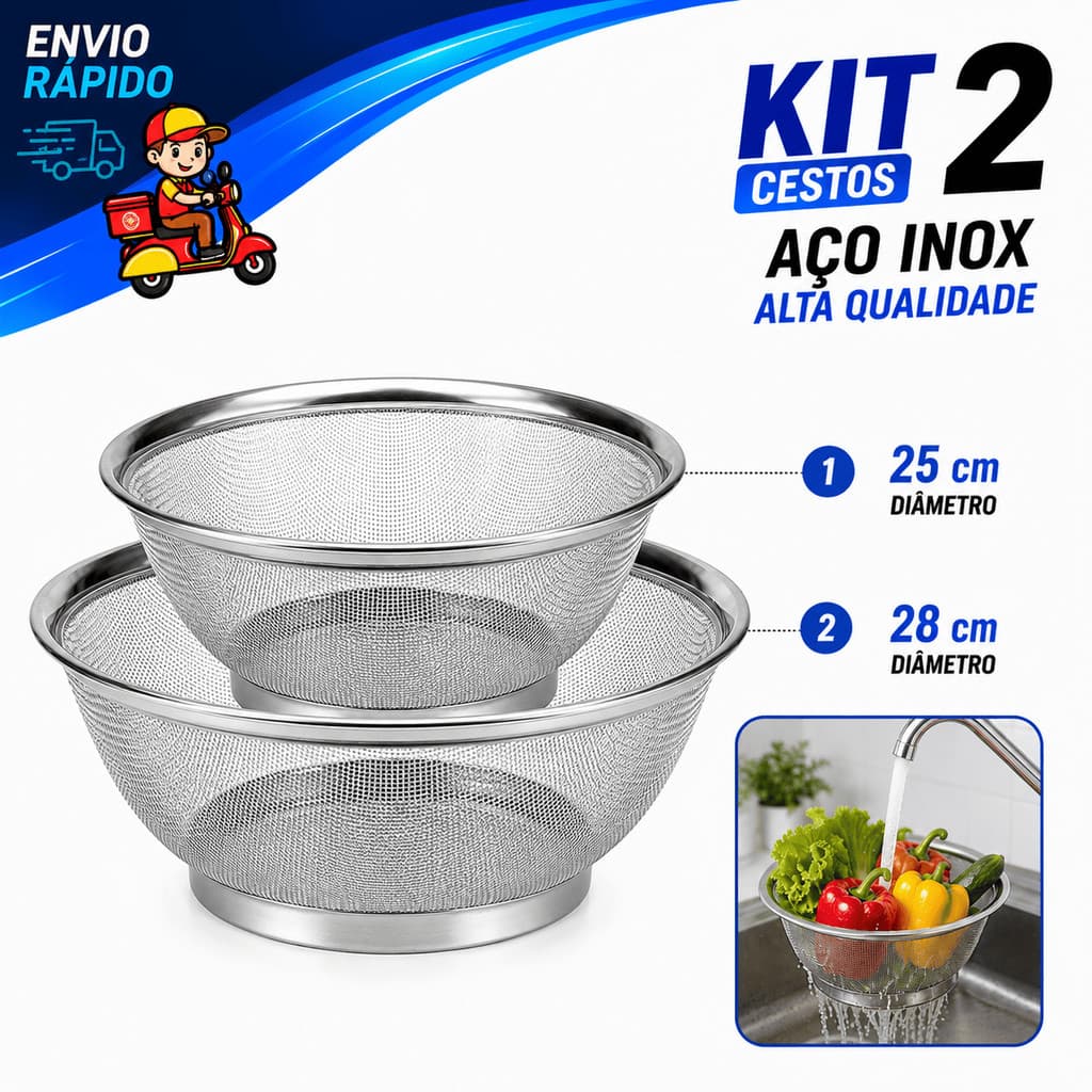 Cesta Cesto Escorredor Inox 25cm e 28cm Multiuso Para Lavar Alimentos Frutas Legumes Arroz Massas