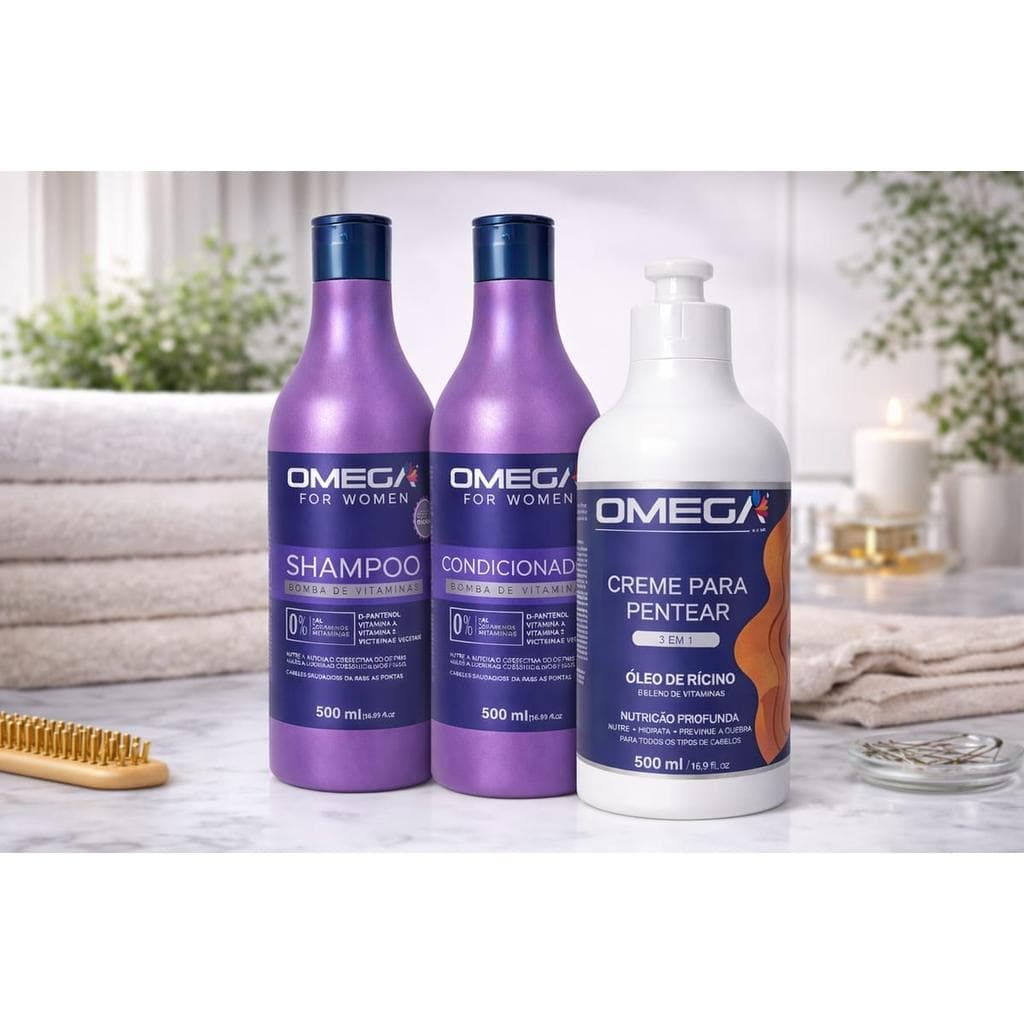 Kit Shampoo, Condicionador e Creme para Pentear Omega Hair Bomba de Vitaminas 500ml (500ml cada)