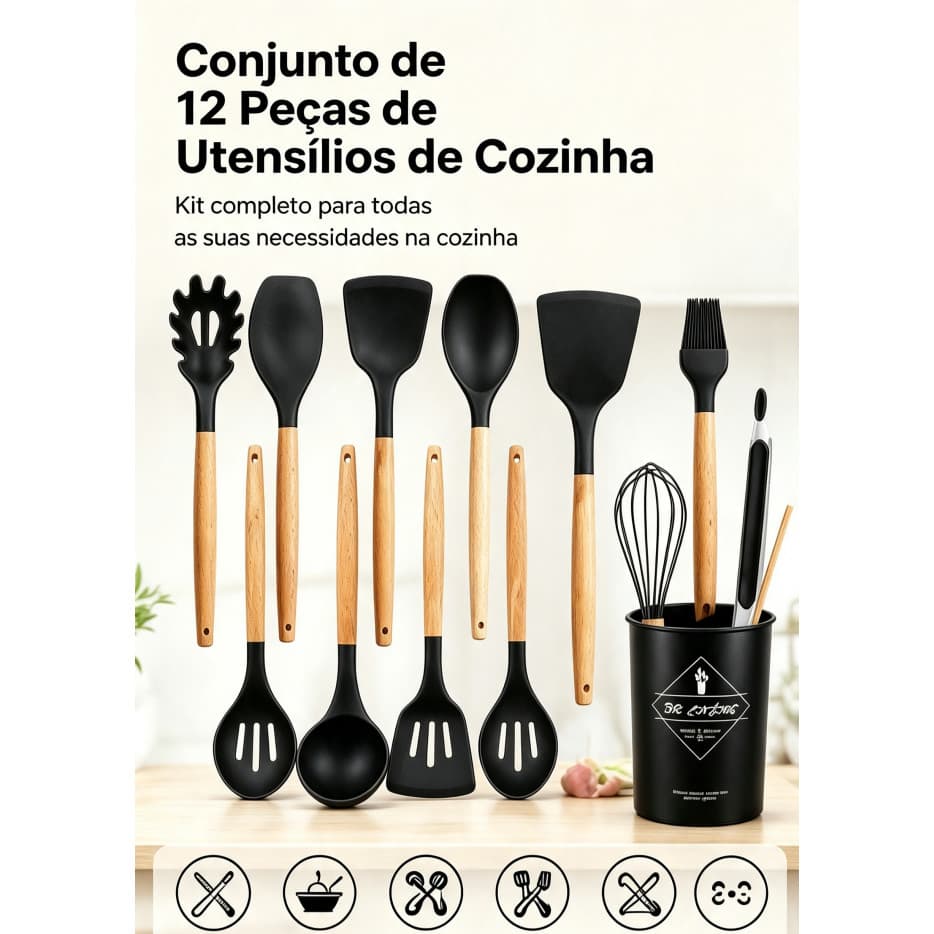 Kit Utensílios Cozinha 12 Peças Silicone Preto com Cabo Madeira, Conjunto Espátula Colher Batedeira com Suporte