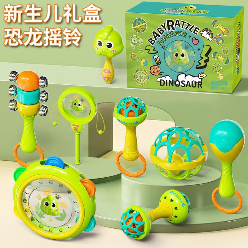 Estoque pronto venda quente brinquedos do bebê dinossauro chocalho bebê embreagem bola mordedor cola onda tambor areia m