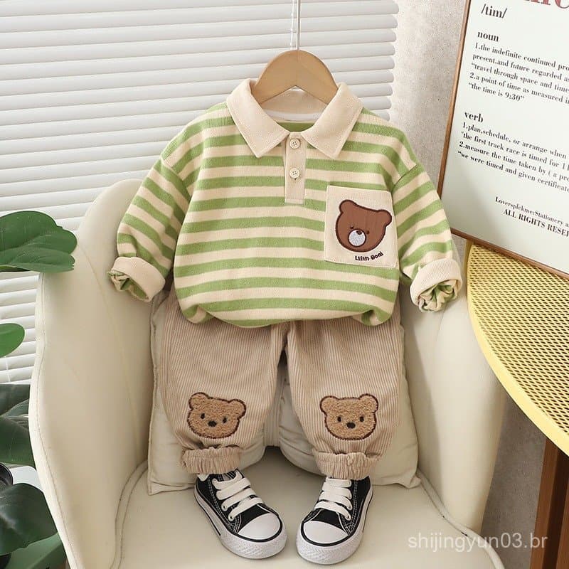Conjuntos de Jaqueta de Beisebol Infantil para Crianças, Camisa Polo com Estampa de Urso de Desenho Animado + Calças par