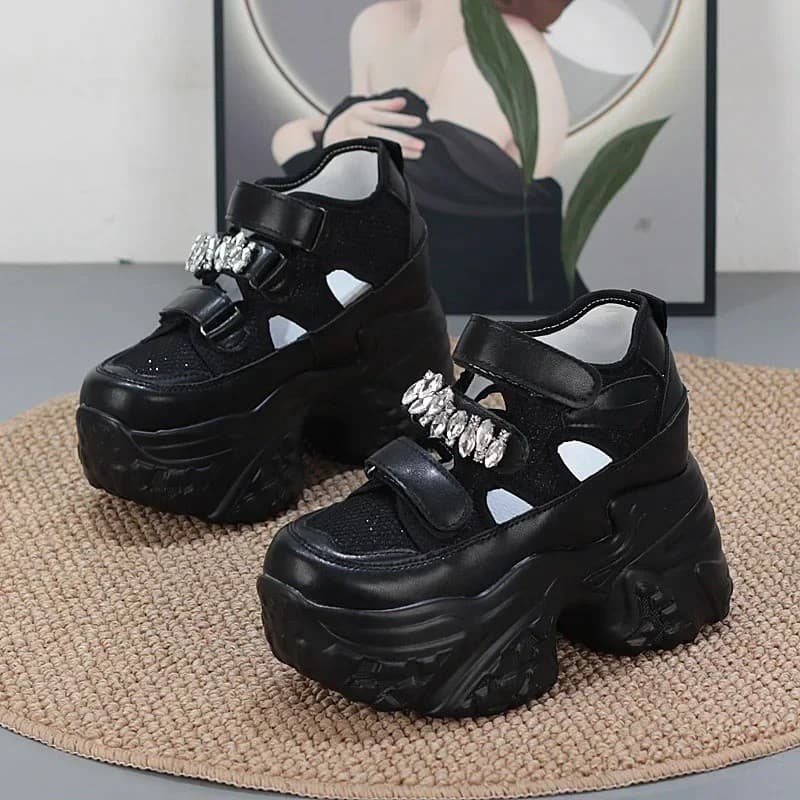 Tênis Femininos de Malha com Salto Ultra Alto de 12CM, Plataforma Oculta, Estilo Dad Shoes, Detalhes em Strass, Casual,