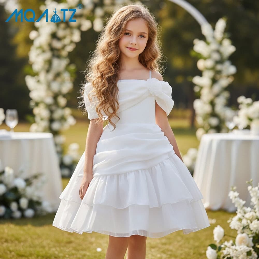Vestido de noiva sem alças e de um ombro só para meninas, vestido de festa branco, roupa para idades de 8 a 12 anos. PGA