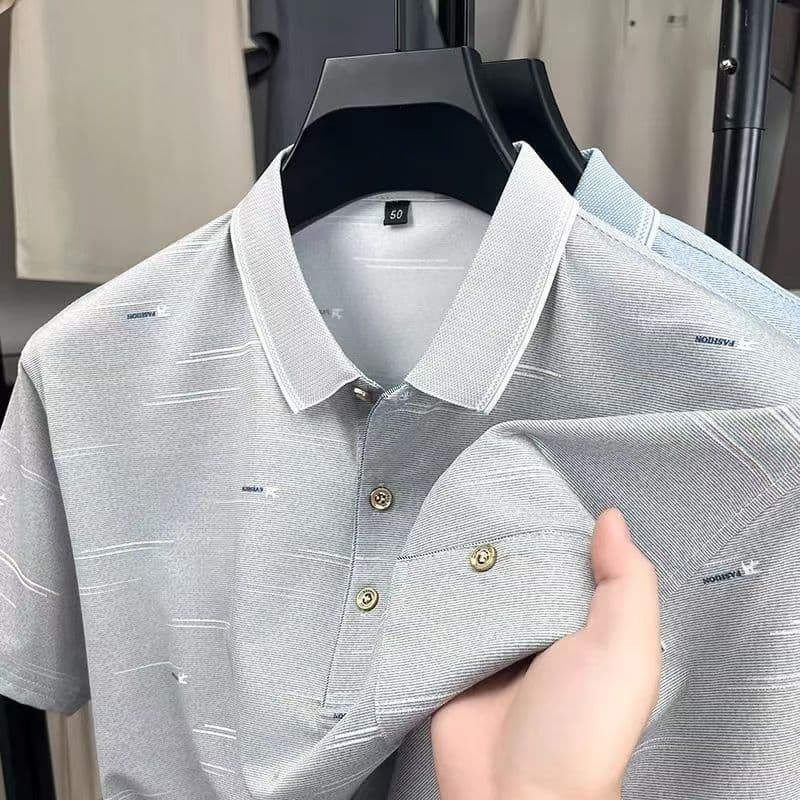 Bolso Real verão gelo seda masculina de manga curta camiseta de meia-idade idosos lapela camisa Casual pai usar topo