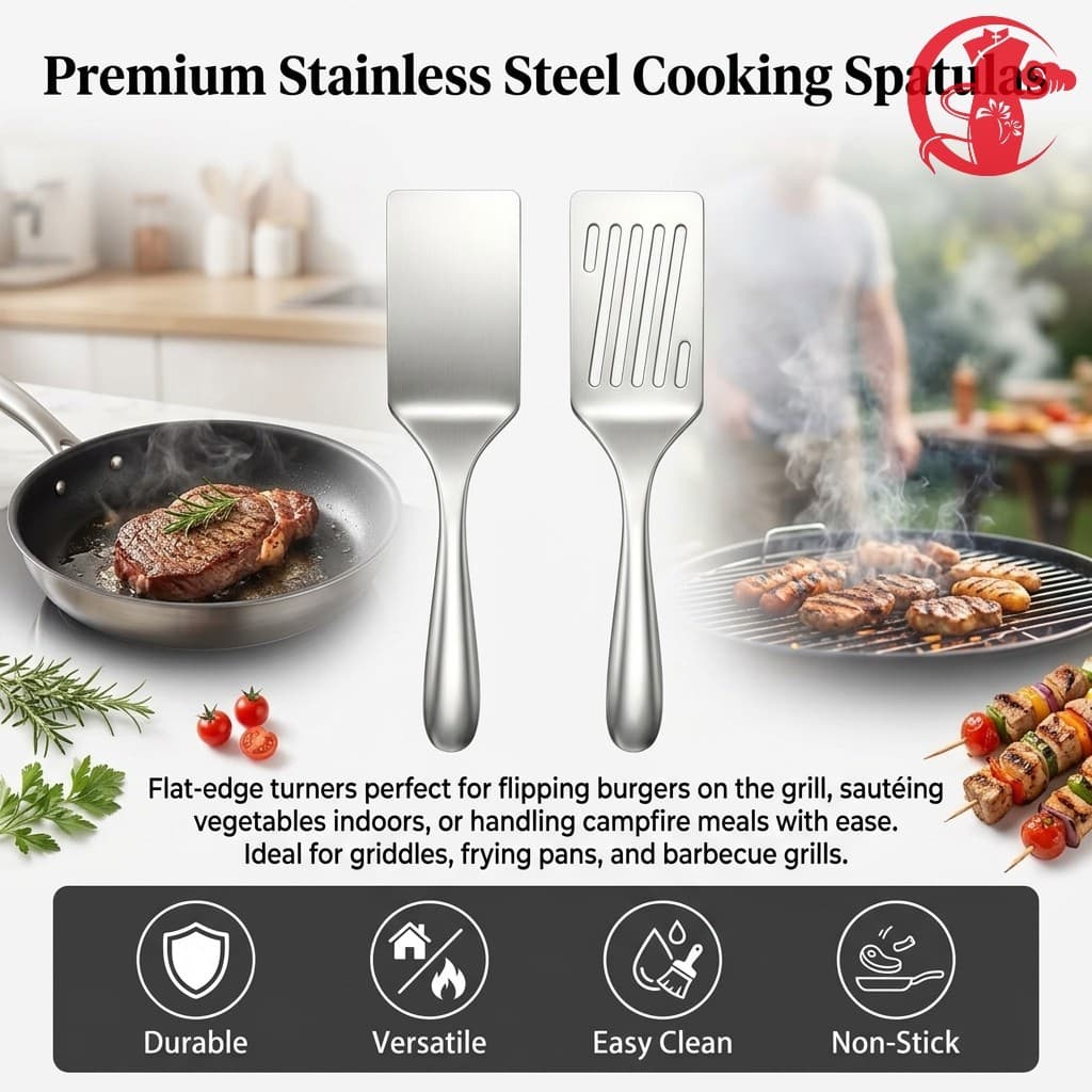 Conjunto De Espátula De Grelha De Aço Inoxidável 304 , 2 Peças , Utensílio De Cozinha Plano Para Churrasco , Acampamento