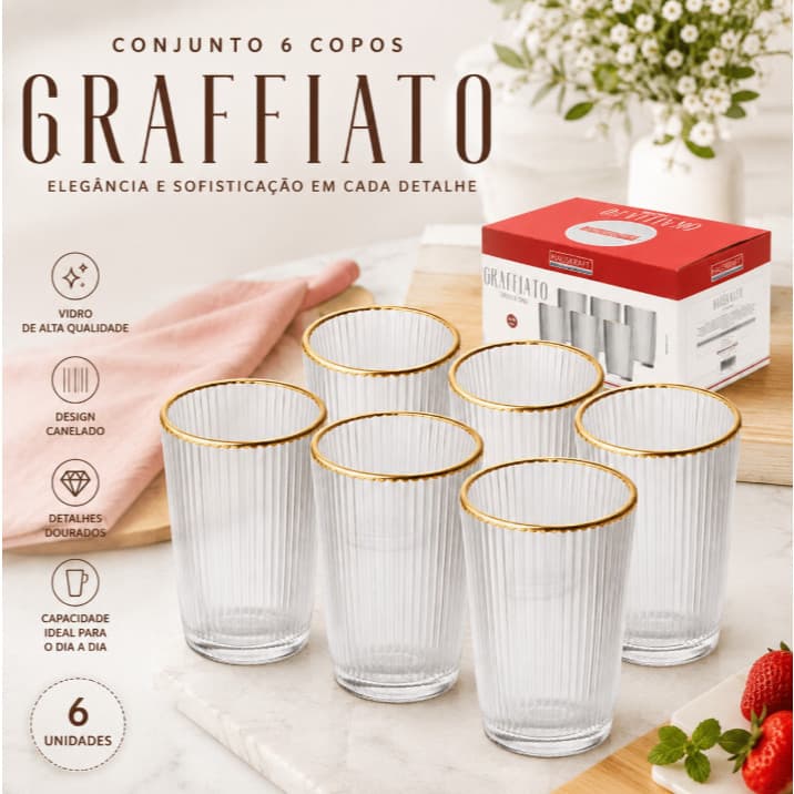 Jogo 6 Copos Vidro  Grafiatto Borda Dourada 370ml Hauskraft