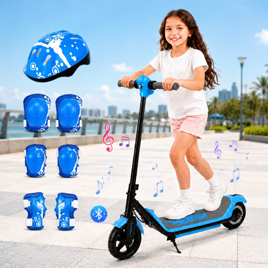 Patinete Elétrico Infantil Azul Motor 110W Bateria 24V 2,5Ah Autonomia 5-8km Até 60kg Luzes Bluetooth Freio Eletrônico