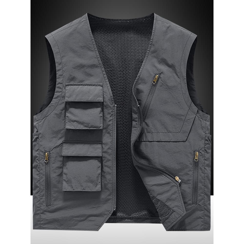 Outono montanhismo colete masculino fino com decote em v Casual Multi-bolso carga colete de secagem rápida solto tamanho