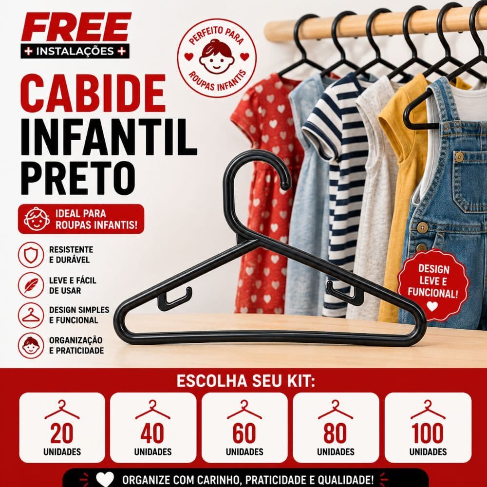 Cabide Infantil Preto Escolha Seu Kit  20, 40, 60, 80 e 100 Unidades