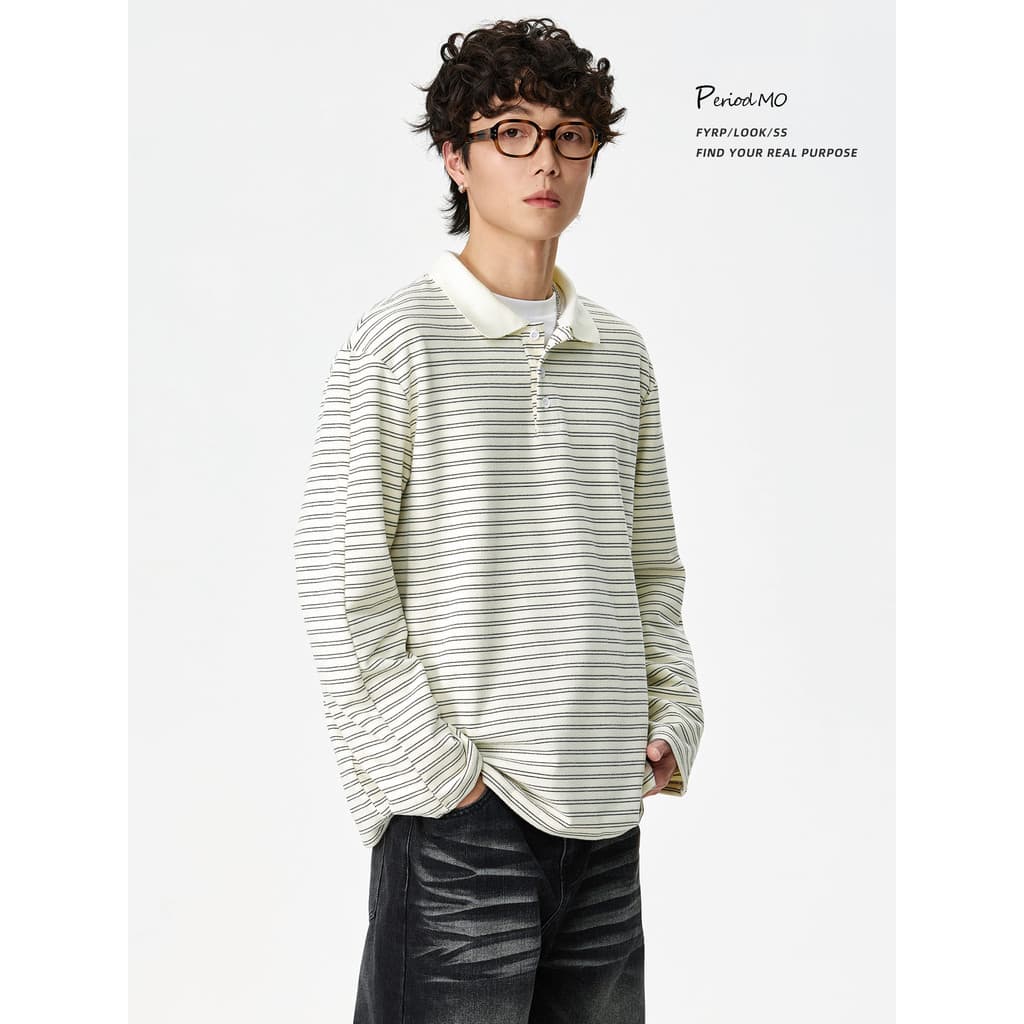 FYRP Momo Americano Retro Listrado Henry Collar Camiseta de Manga Comprida Homens Mulheres Primavera Outono Solto Casal