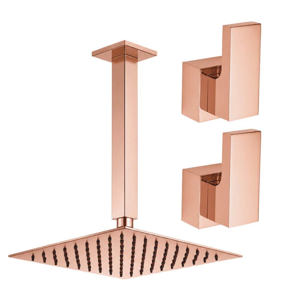 Kit Ducha Quadrada 20x20 Slim de teto + 2 Acabamentos para Registro base deca Alavanca Até 1'' Pol Rose-Gold Brilhante