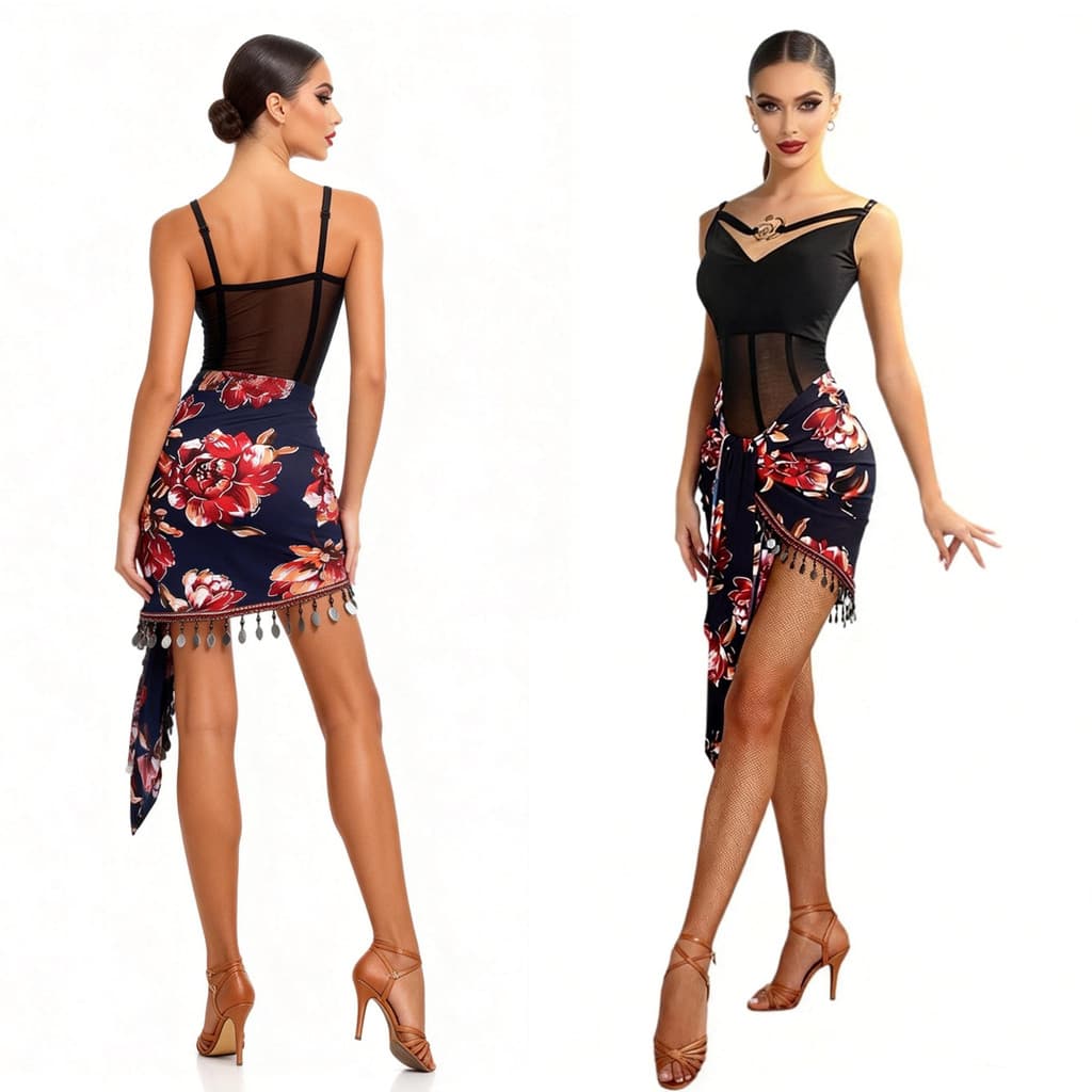 ZS saia exótica de dança latina, cachecol feminino com borla, padrão nacional, traje de prática de dança, saia de dança,