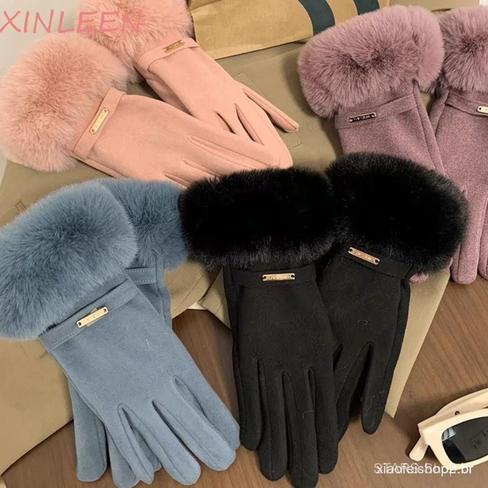 Luvas Touchscreen XINLEEN, Luvas Femininas de Cor Sólida, Quentes e de Pelúcia para Inverno, Esqui, Ciclismo, Sem Dedos
