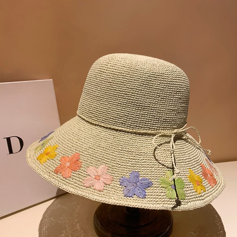 Ráfia pequeno fresco colorido flor bordado moda chapéu de palha feminino verão guarda-sol chapéu de sol viagem chapéu de
