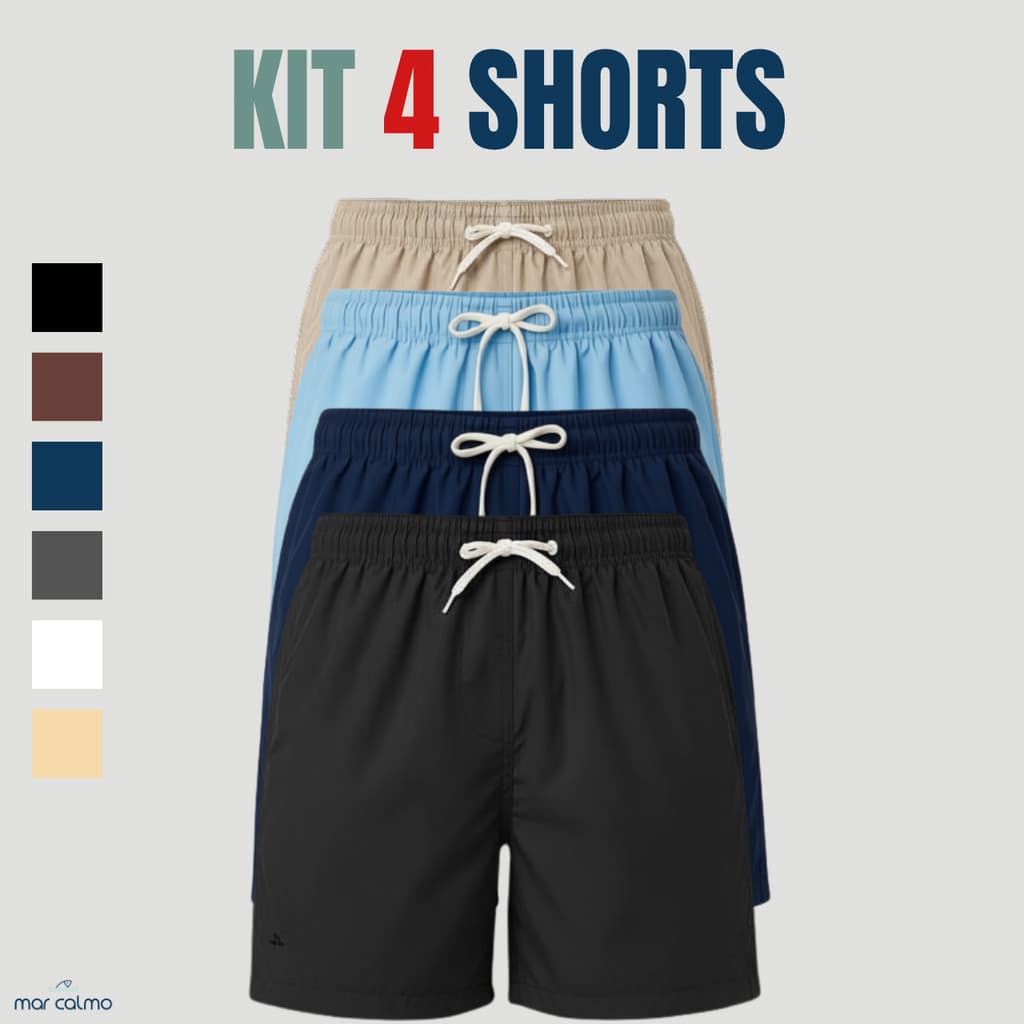 KIT 4 SHORT MASCULINO TACTEL PRAIA CORRIDA ESPORTE VERAO COM ELASTANO PREMIUN 3 BOLSOS CORRIDA ACADEMIA CAMINHADA CASUAL