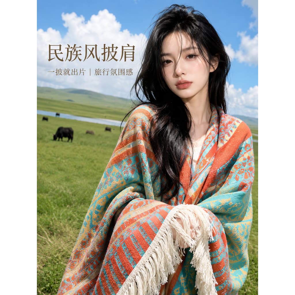 Estilo étnico de malha xale exterior jogo cachecol feminino Chuanxi xinjiang fotografia de viagem All-match capa quente