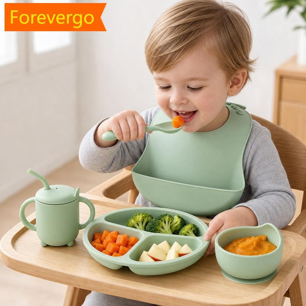 forevergo Silicone Placa De Alimentação Do Bebê Tigela Colher Garfo Babador Copo oddler Desmame Utensílios De Mesa Para