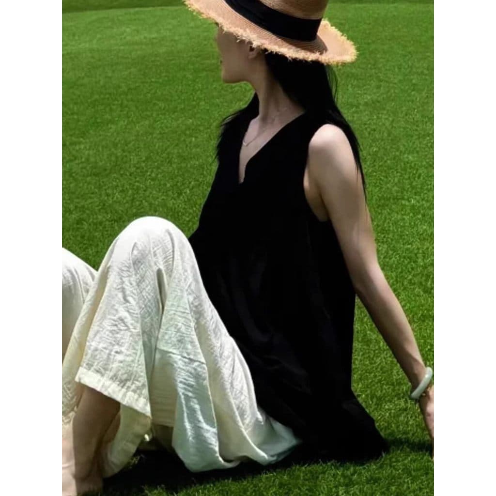 Francês Retro profundo decote em V sem mangas camisola feminina primavera estilo dinheiro velho solto mais magro olhar C