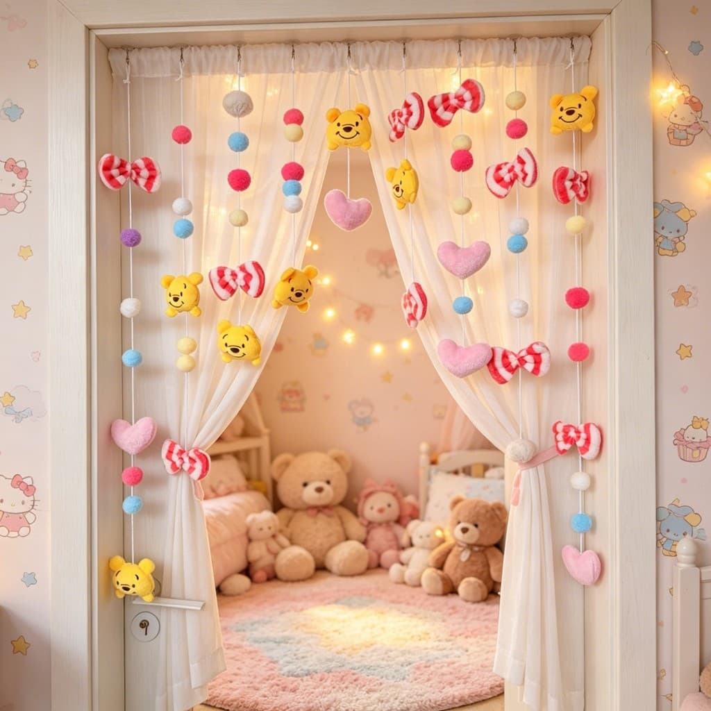 Cortina de Porta Decorativa Estrelas e Borboletas, Sem Furação, Fácil Instalação, Ideal para Quarto de Meninas e Bebês