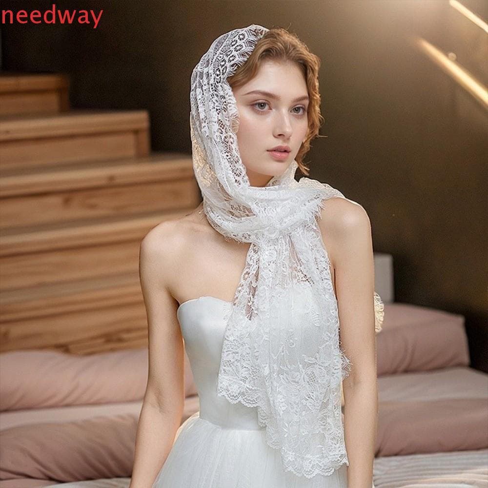 NEEDWAYB Véu Oração Xale , Renda Oca Guarnição Casamento Flor Respirável Longa Cabeça De Noiva Gaze