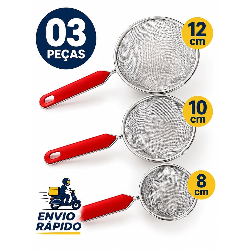 Kit Conjunto Peneiras 3 Unidades Coador Em Aço Inox 3 Tamanhos 8cm 10cm 12cm Para Cozinha Manual