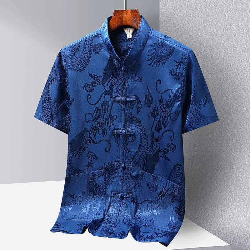 Traje Tang Masculino Hanfu, Roupa Tradicional Chinesa, Camiseta Solta de Manga Curta em Seda para Homens 3952