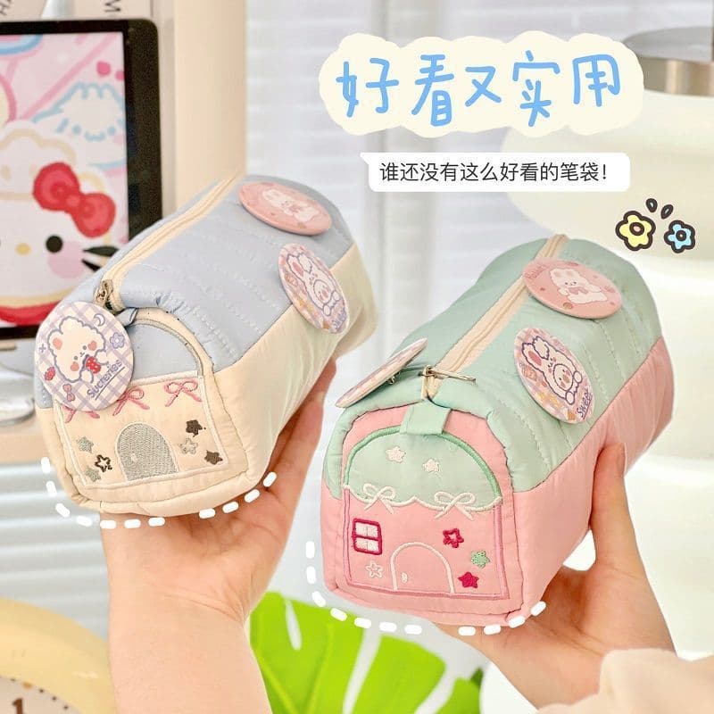 Estojo de lápis Design de casa pequena Caixa de papelaria fresca fofa Bolsa de armazenamento de nicho de estudante de gr