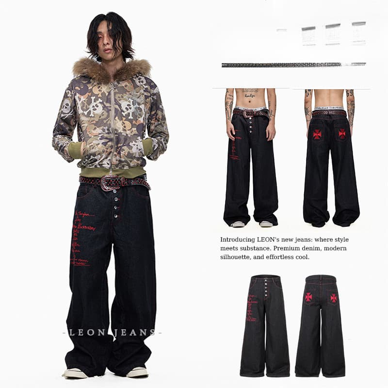 Homens Street Wear calças pretas soltas calças masculinas cruz vermelha bordado calças de perna larga calças Harajuku ca