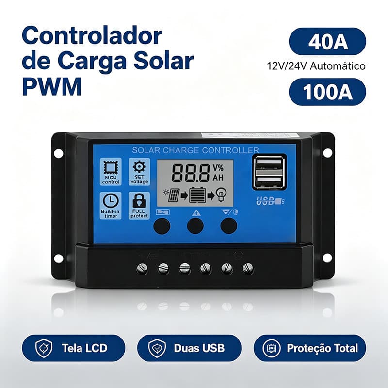Controlador De Carga Solar PWM 40A/100A 12V/24V Automático Tela LCD Duas Portas USB Regulador Para Painel Solar