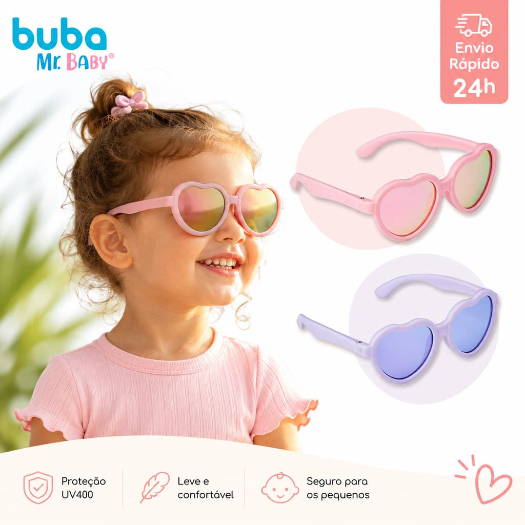 Óculos de Sol Infantil Coração Original Buba para Crianças de 2 a 4 anos com Proteção UV