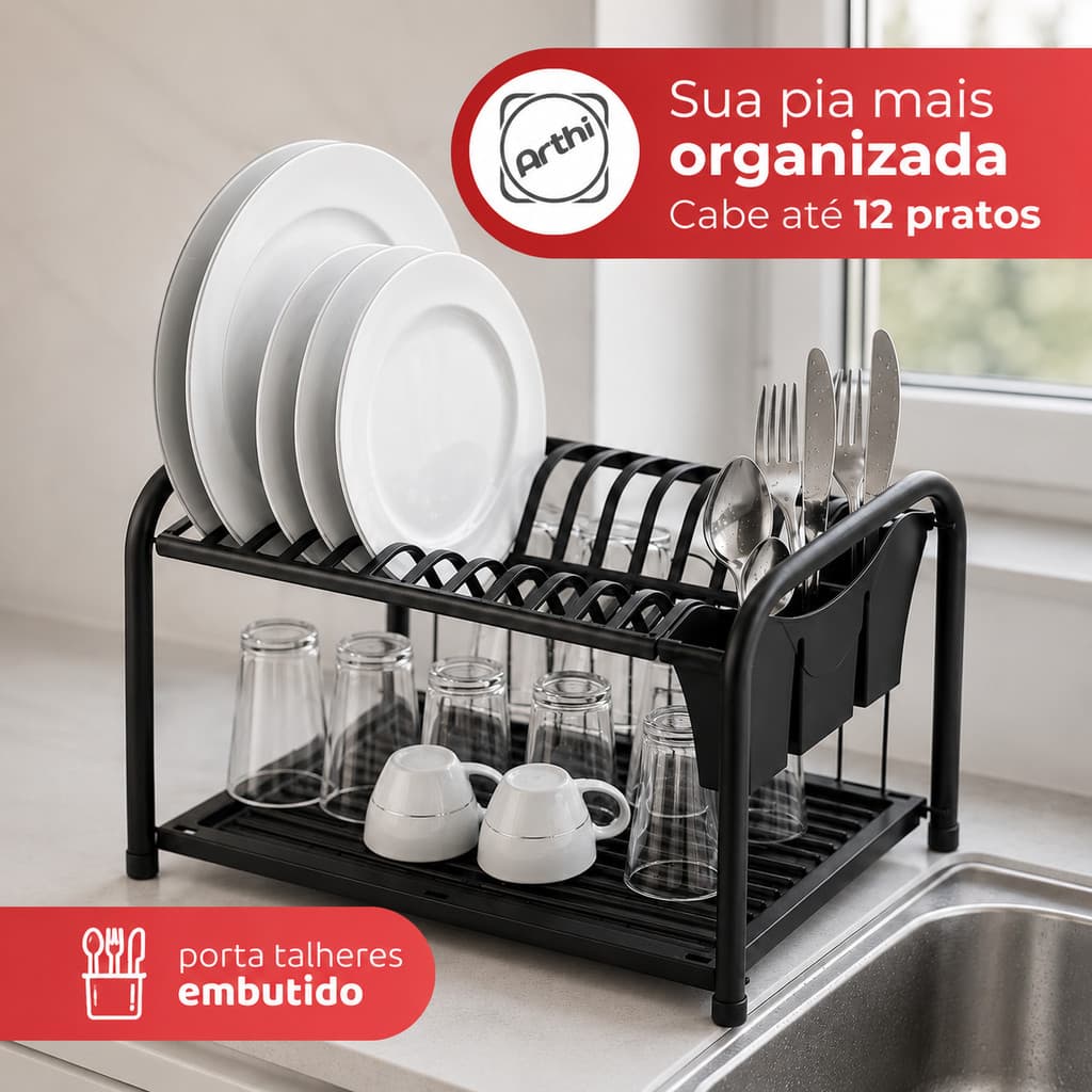 Escorredor de Louça Duplo 12 Pratos Porta Talheres Escorredor de Pratos Porta Copos Gaivota Arthi