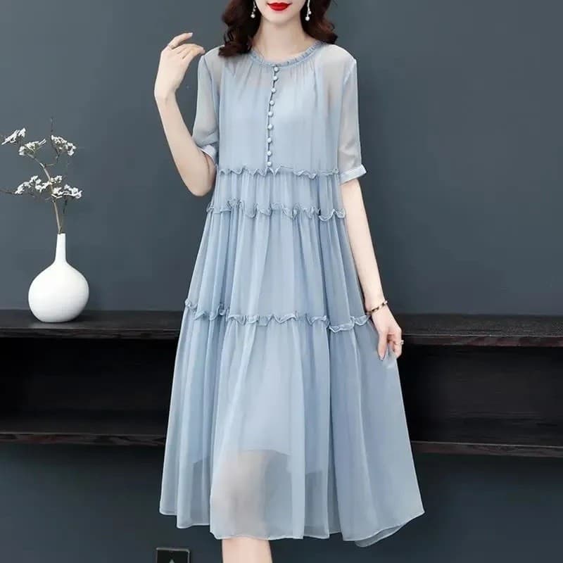 Vestido de Chiffon feminino High-End senhora solto tamanho grande elegante mais magro olhar saia de comprimento médio 8.