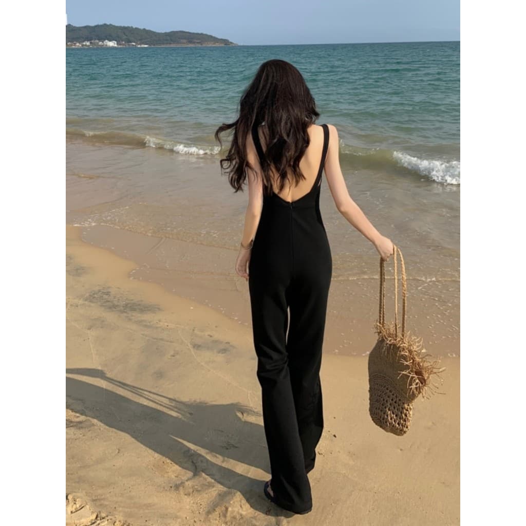 Preto estiramento com decote em U sem mangas macacão terno feminino verão novo estilo High-End Halter calças casuais lon
